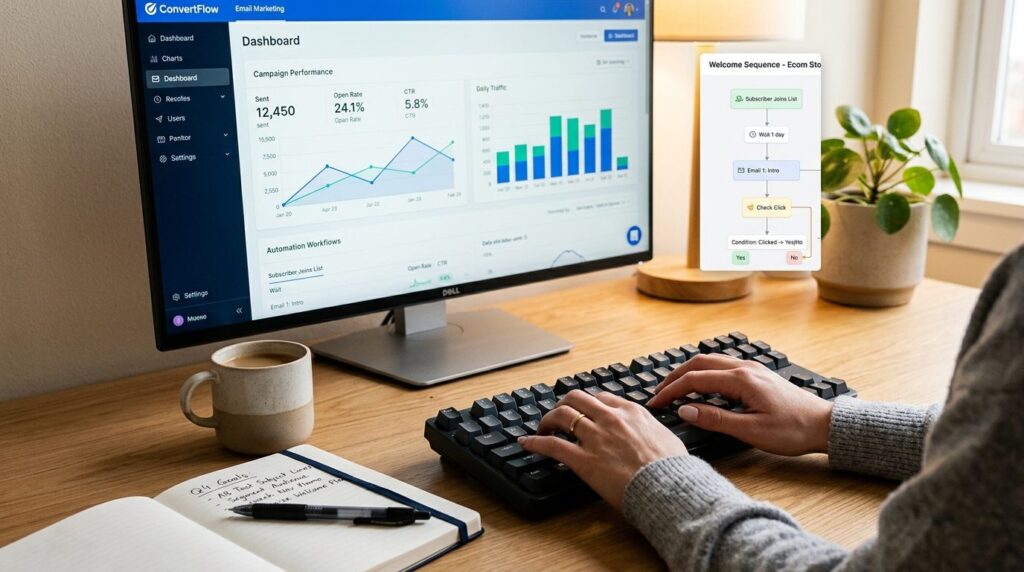 Close-up stock photo of hands typing on keyboard with email