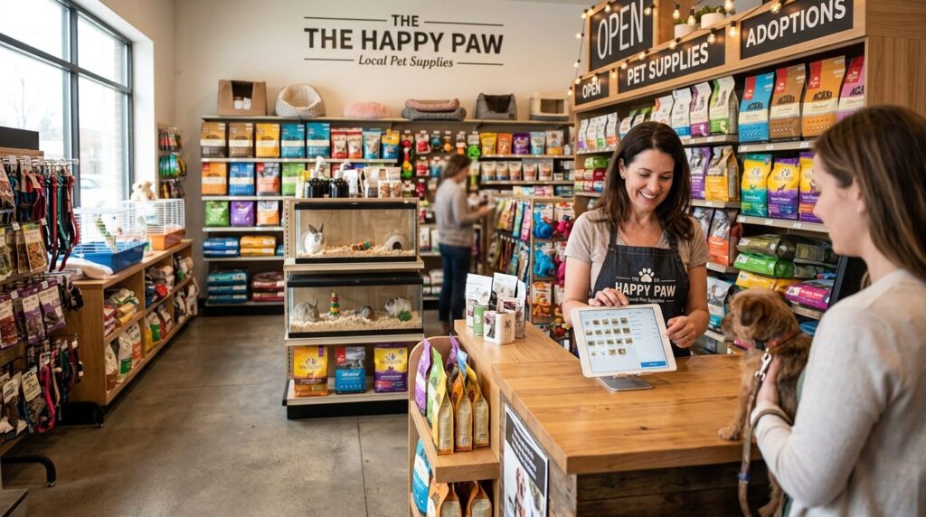 Stock photo of small pet shop interior with owner at counter