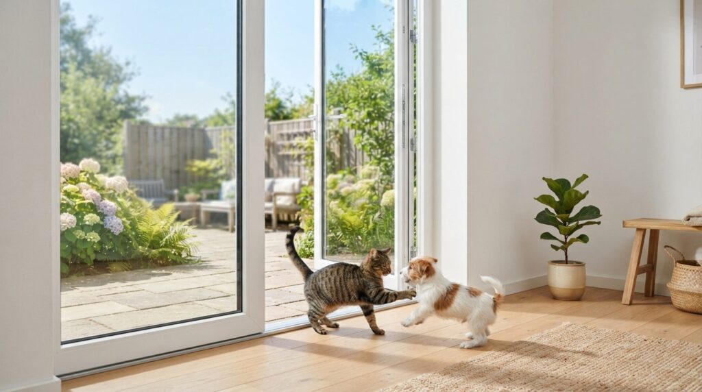 Lifestyle photograph of a modern PVC plastic terrace door fu
