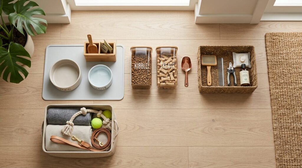 Overhead flat lay photography of organized pet supplies in a