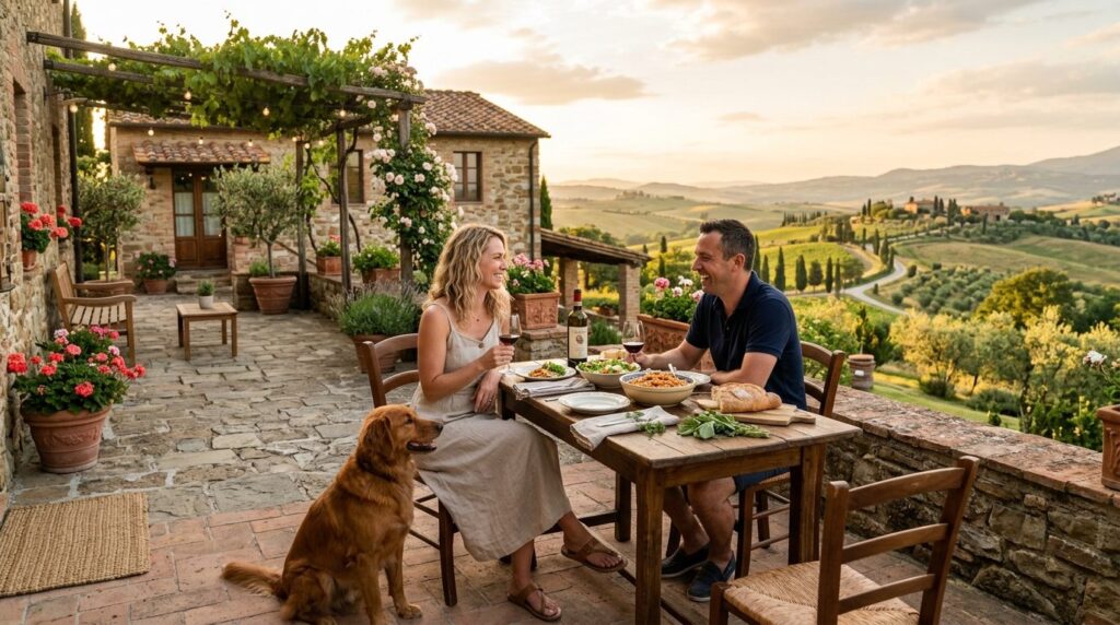 Photorealistic stock photo of a couple with their dog enjoyi
