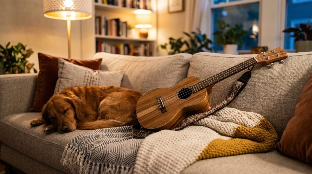 Close-up of a ukulele resting on a comfortable living room c