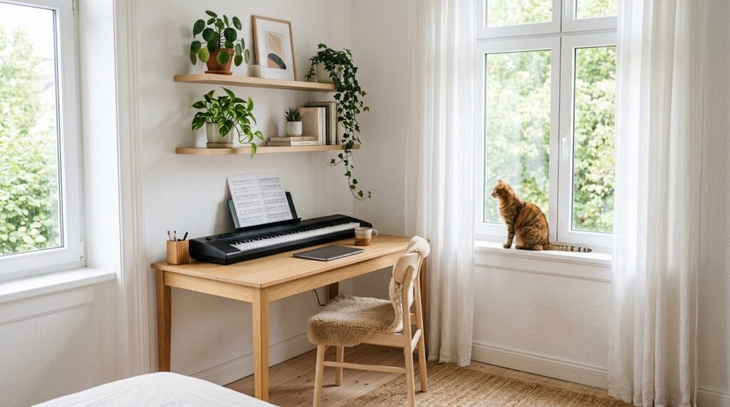 A bright, minimalist bedroom corner transformed into a creat