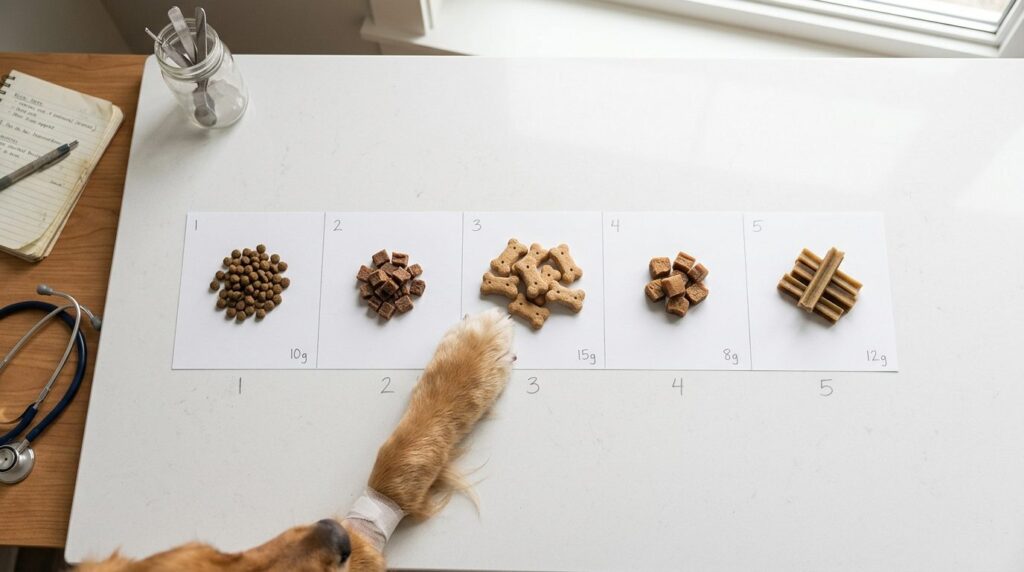 Overhead flat lay composition of a daily dog treat portion g
