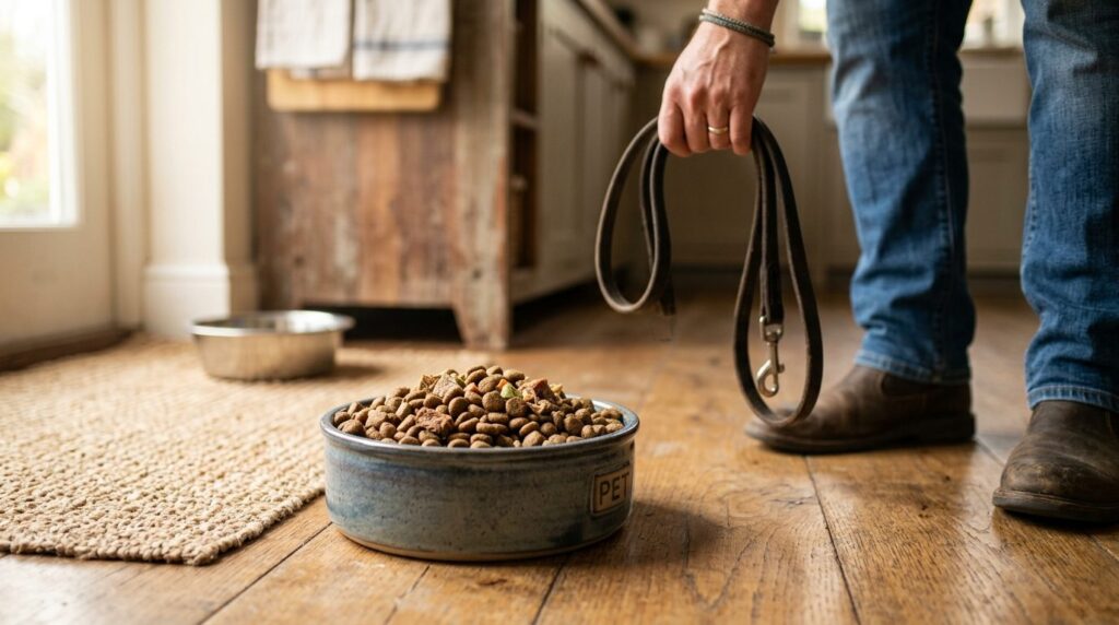 Realistic stock photo, 16:9 format: Close-up of a dogs food