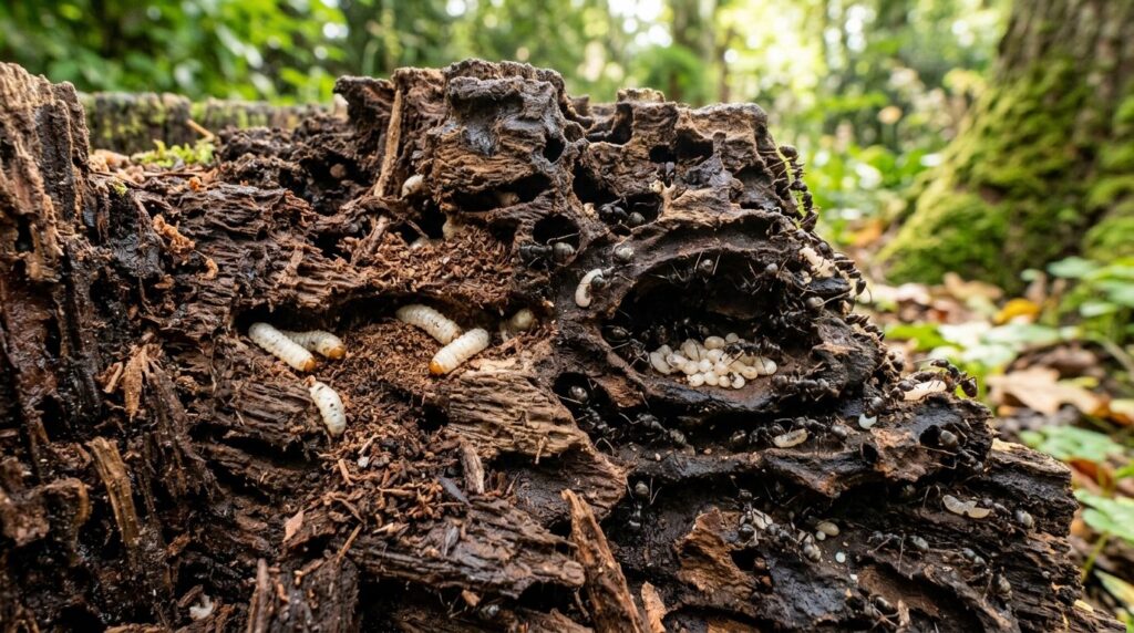 Detailed macro photography of wood-boring insects and ants c