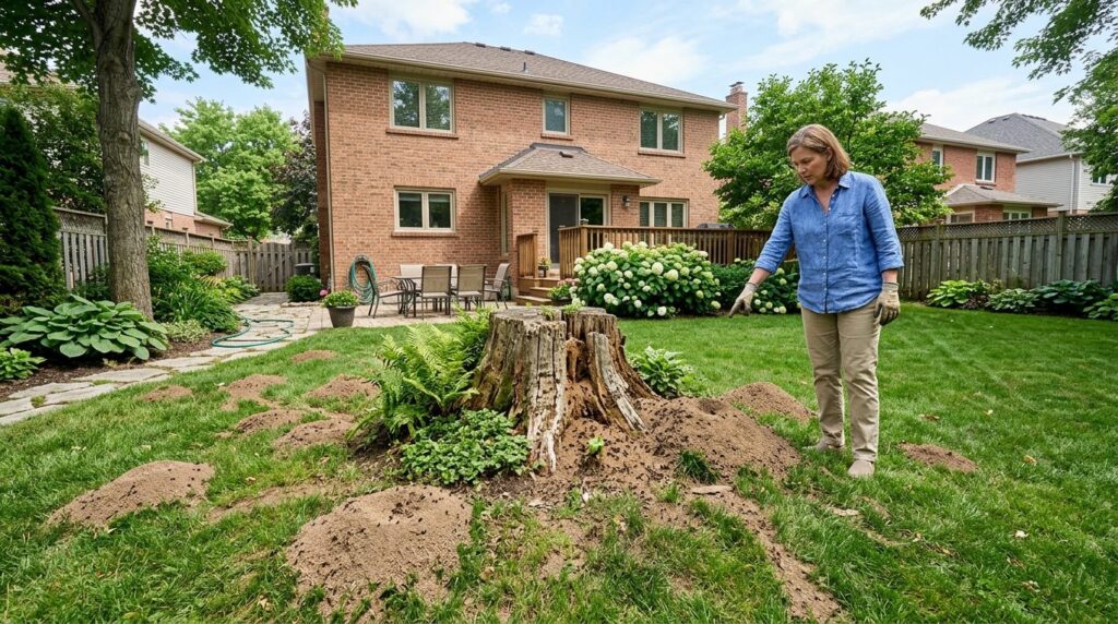 Wide shot of a residential garden showing multiple ant hills