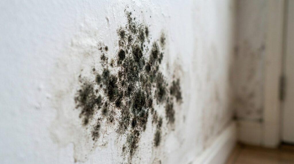 Close-up macro photography of black mold growth on a white w