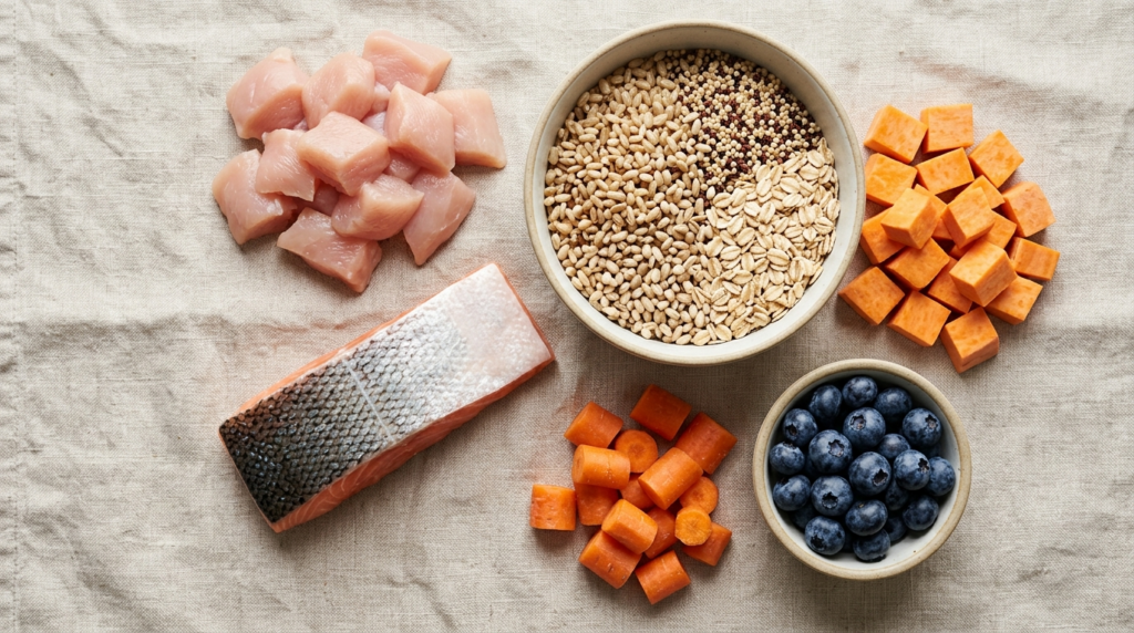 Close-up flat lay photograph of natural dog food ingredients