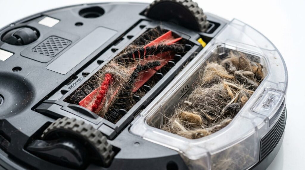 Close-up detail shot of robot vacuums brush and dust bin fi