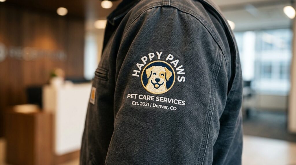 Close-up of custom embroidered pet business logo on high-qua