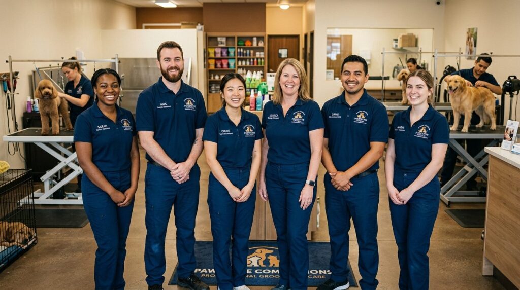 Pet business team members in matching custom-printed work un