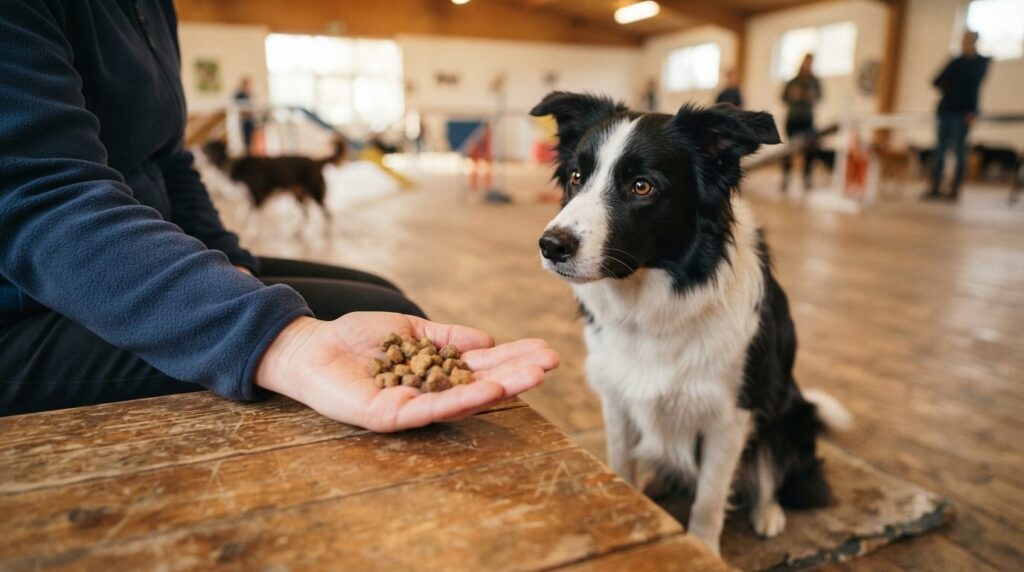 Close-up stock photo of dog training treats in a persons op