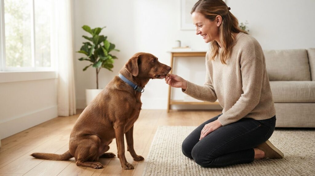 Professional stock photo of a dog owner using training treat