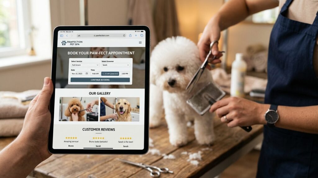 Close-up of a tablet screen displaying a pet business websit