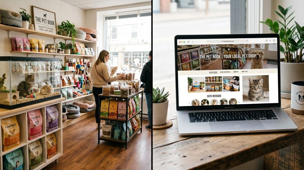 Split-screen composition: left side shows a small pet shop i