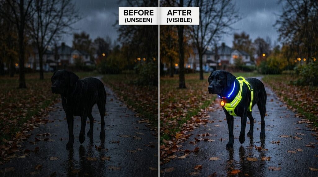 Before and after comparison style image showing dark-colored