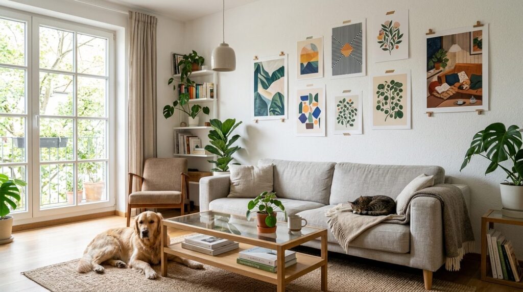 Bright Scandinavian living room interior with pets, showing 