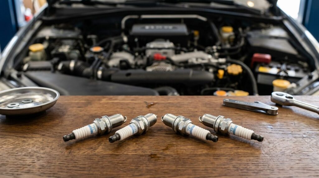 Close-up product shot of new spark plugs arranged on a clean