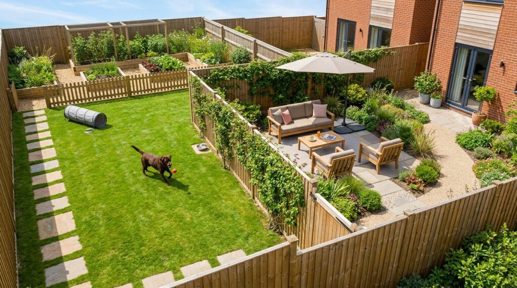 Overhead view of a well-designed dog-friendly backyard layou