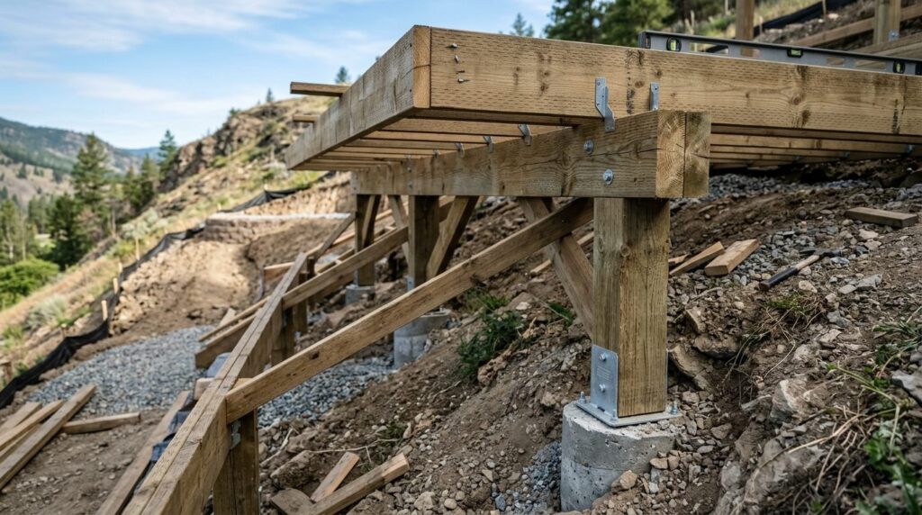Close-up detail shot of a wooden terrace construction on slo