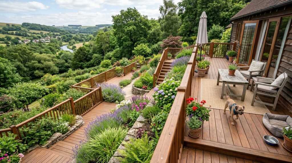 Wide landscape shot of a dog-friendly wooden terrace garden 