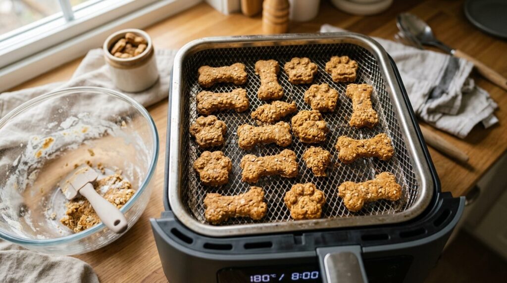 Close-up overhead shot of homemade dog treats cooling on the