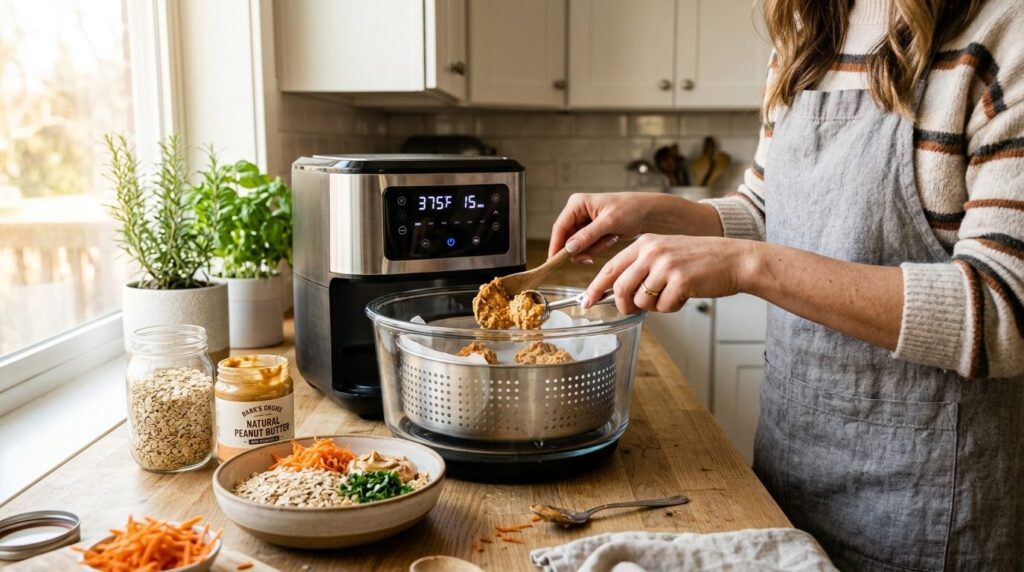 Lifestyle shot of a womans hands placing healthy homemade d