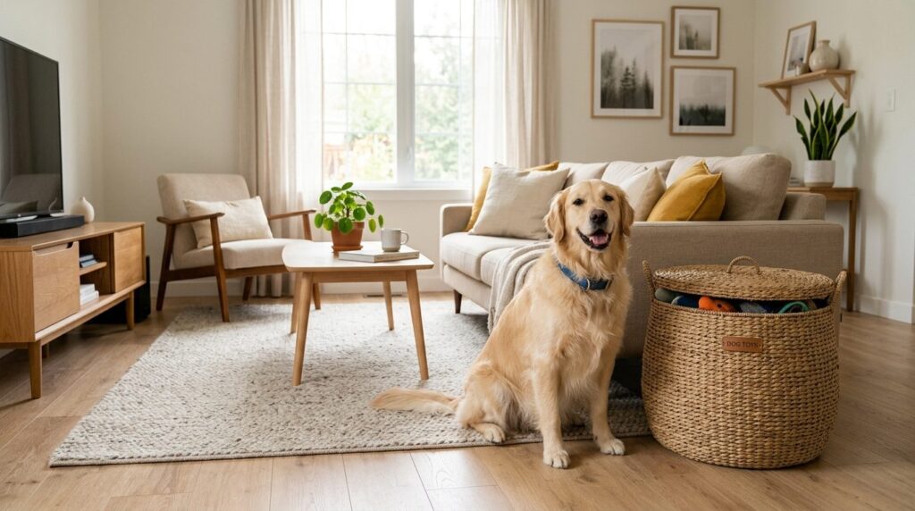 Modern living room interior with a large covered storage bas