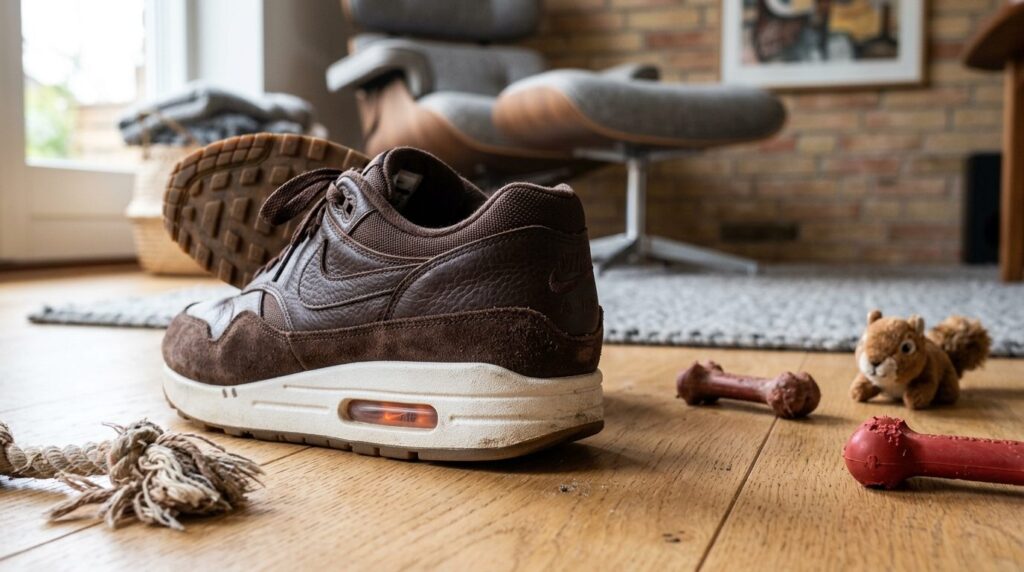 Close-up detailed shot of baroque brown Nike Air Max 1 sneak