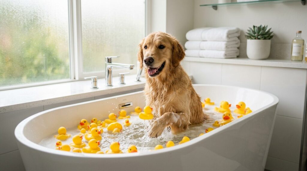 Happy golden retriever playing with yellow rubber bath ducks