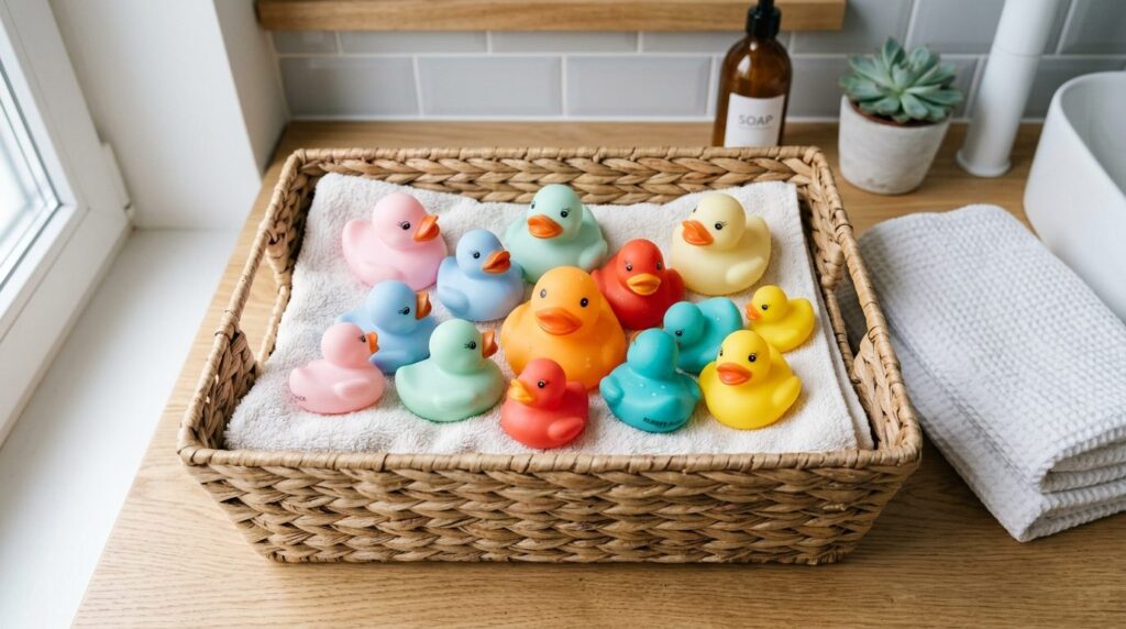 Close-up overhead shot of assorted rubber bath ducks in past