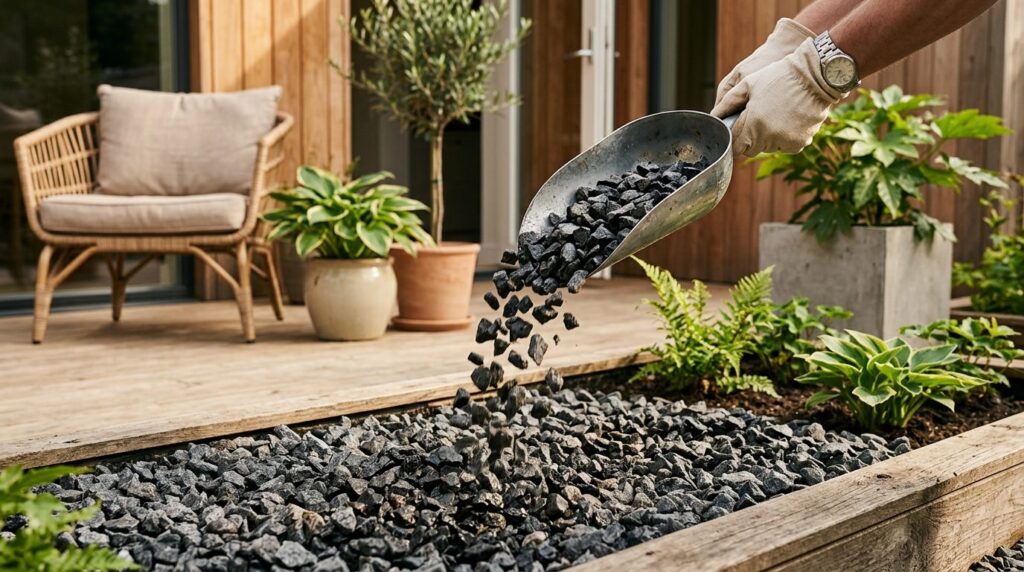 Close-up lifestyle photograph of black granite stone chippin